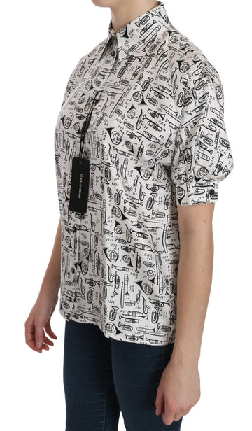 Dolce & Gabbana White Musical Instrument Collared Blouse  Shirt