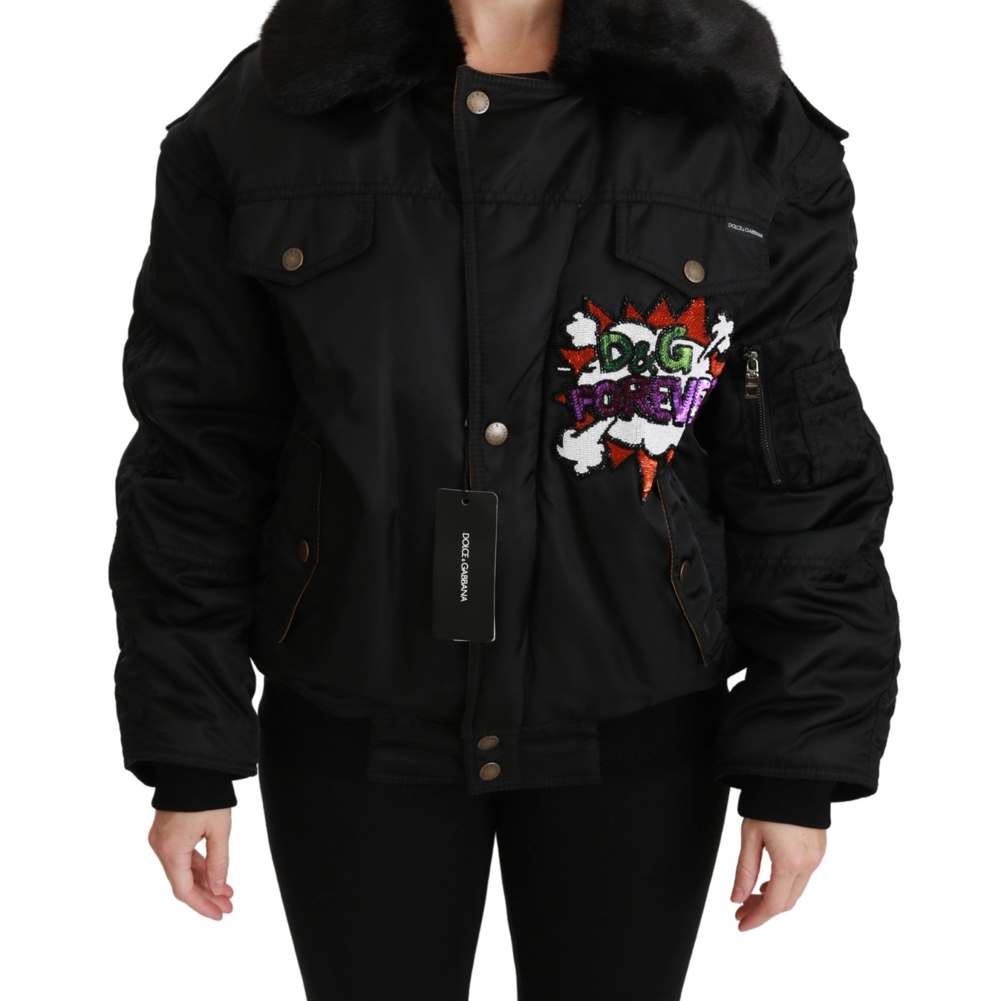 Dolce & Gabbana Black Queen Crown Sequined Bomber Jacket