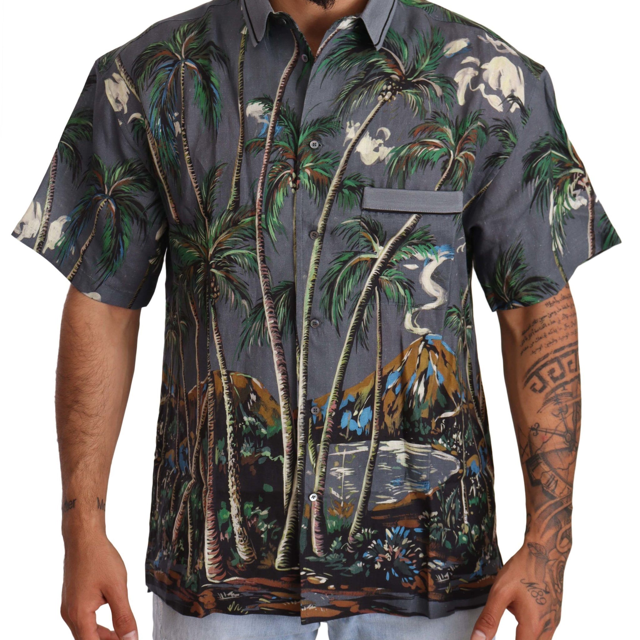 Dolce & Gabbana Gray Linen Tropical Print Collared Shirt