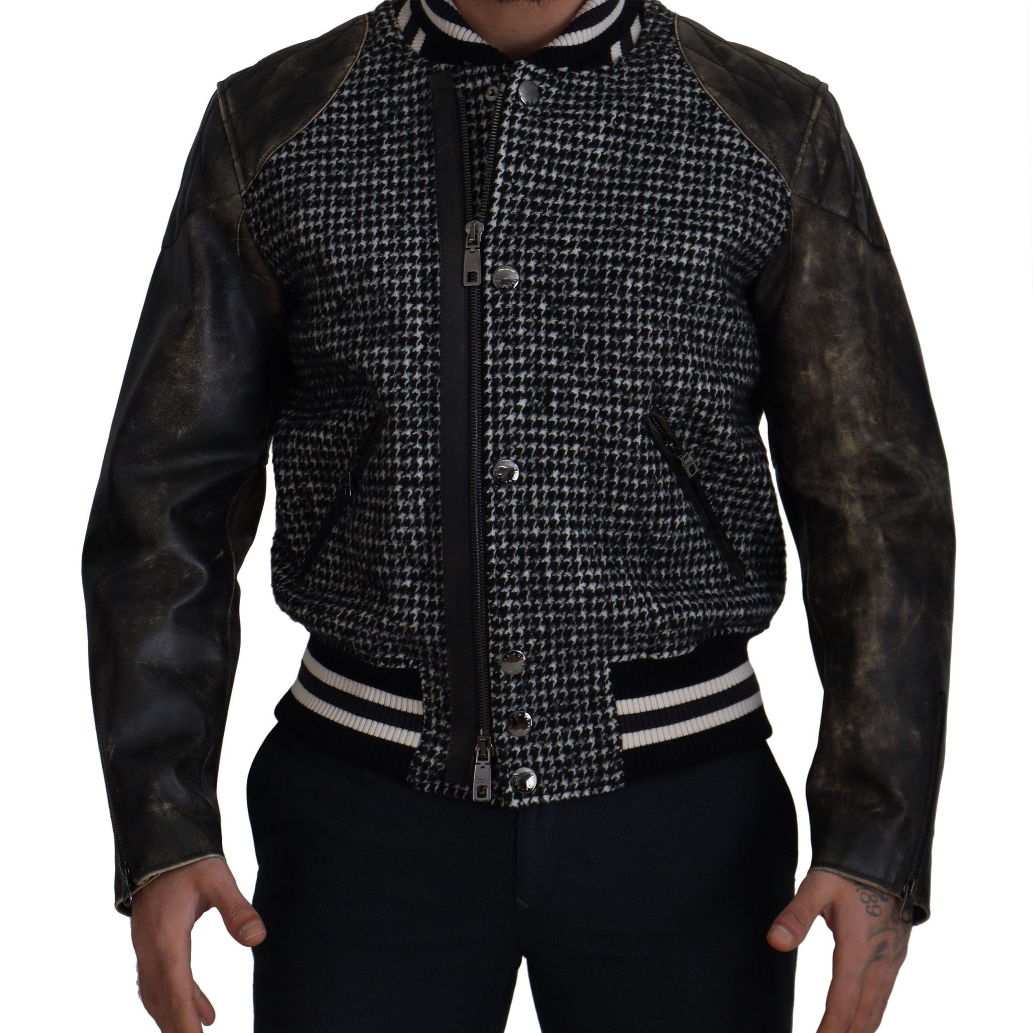 Dolce & Gabbana Black Houndstooth Polyester Bomber Jacket