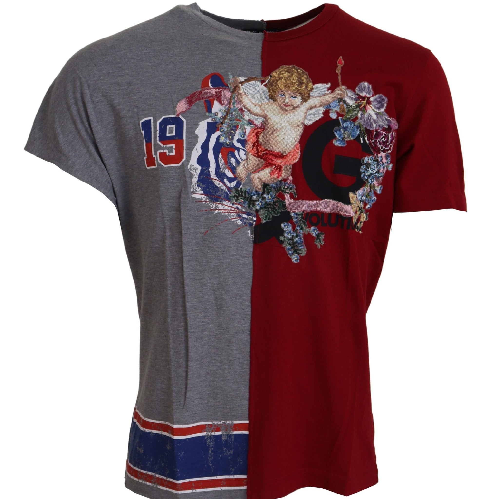 Dolce & Gabbana Red Gray Two Model DG Angel Crewneck  T-shirt