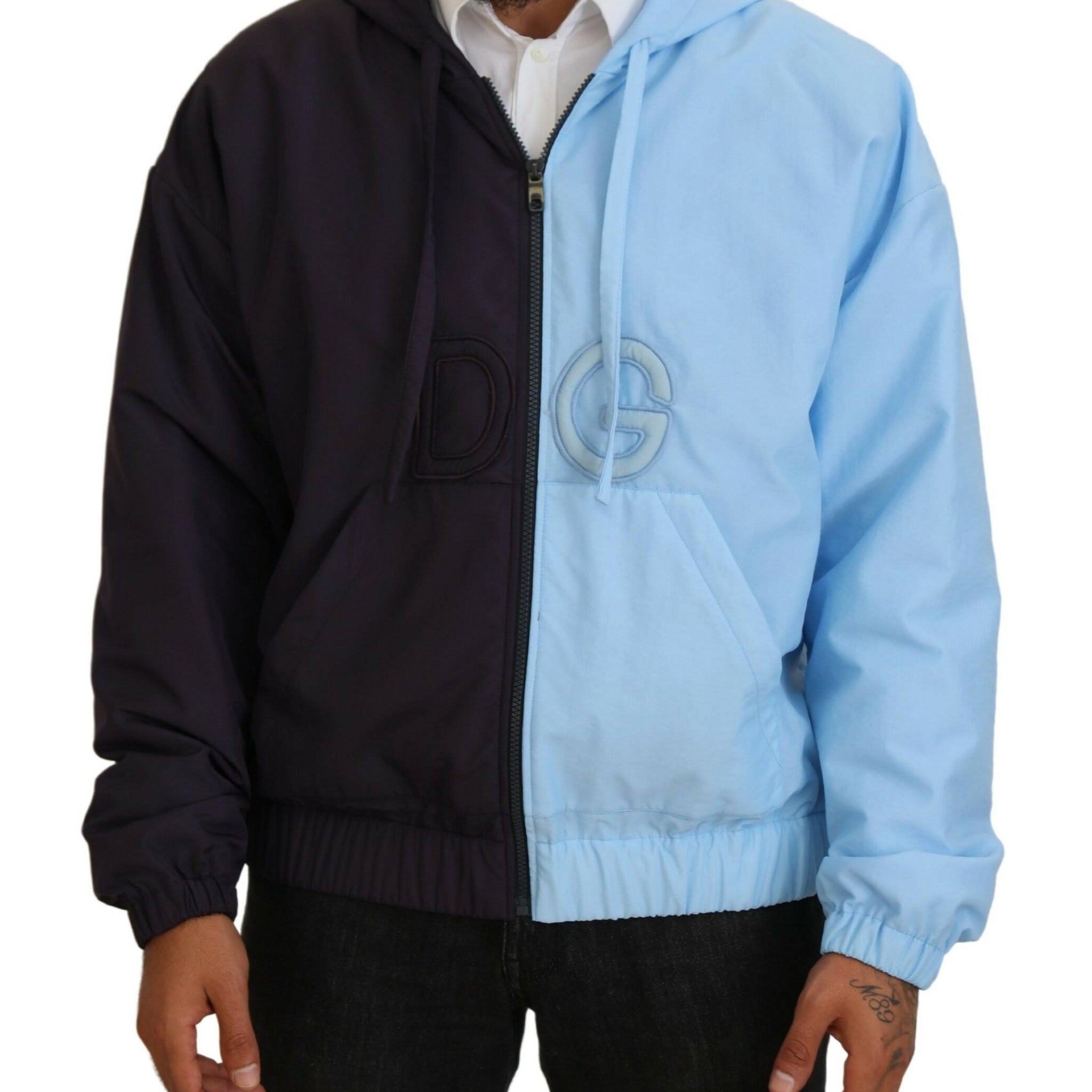 Dolce & Gabbana Black Blue DG Hooded Full Zip Men Jacket