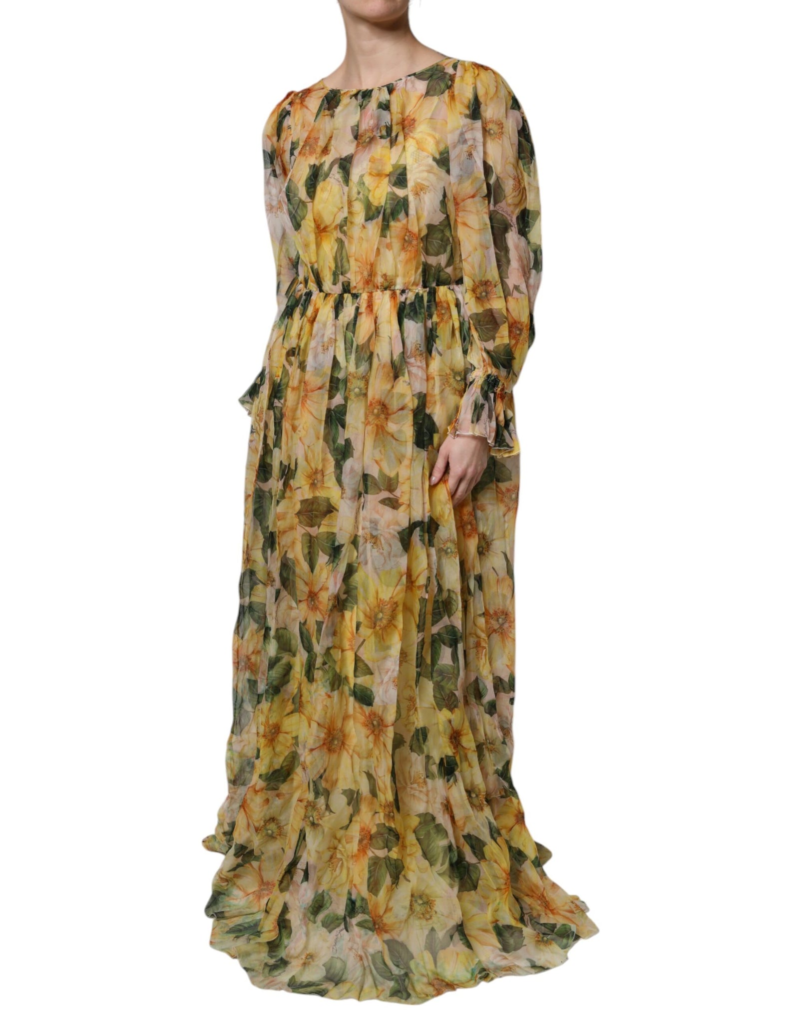 Dolce & Gabbana Yellow Floral Print Silk Maxi Long Gown Dress