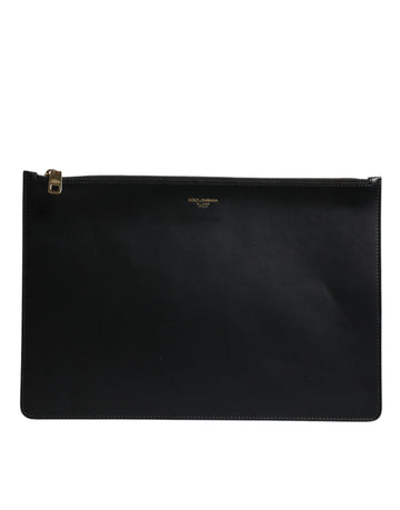 Dolce & Gabbana Black Solid Leather DG Logo Clutch Zip Pouch Bag