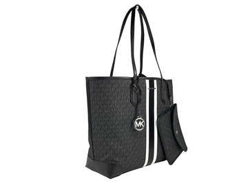Michael Kors Eva Large Stripe Travel Tote Bag Plus Pouch Black