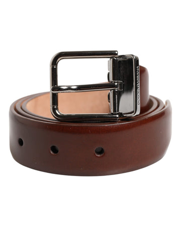 Dolce & Gabbana Brown Classic Calf Leather Silver Buckle Belt