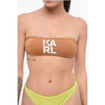 Karl Lagerfeld Solid Color Bandeau Bikini Top with Printed Contrasting Logo