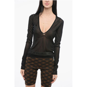 Saint Laurent Semi-sheer Sweater with Deep-U Neckline
