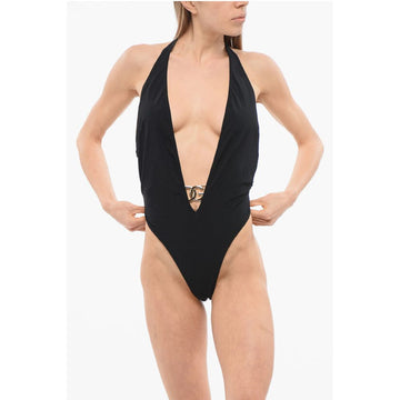 Dolce & Gabbana Plunging V-Neck One Piece Swimsuit with Logoed Buckle