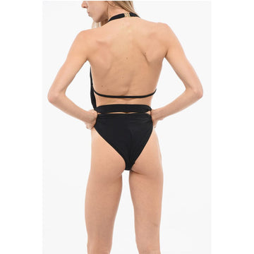 Dolce & Gabbana Plunging V-Neck One Piece Swimsuit with Logoed Buckle