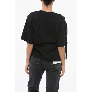 PINKO Cotton Crew-neck T-shirt with Lace Up Details