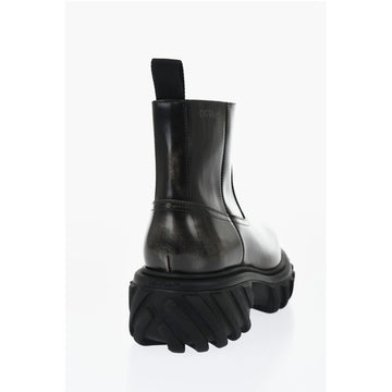 Off-White Leather MOTOR Booties With Embossed Chunky Sole