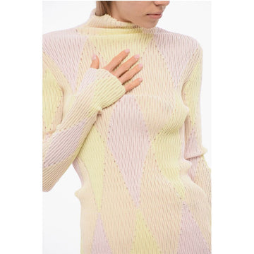 Burberry Turtleneck Silk Blend Sweater with Argyle Motif