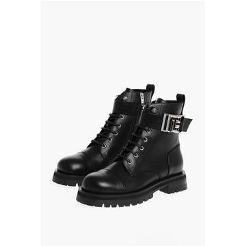Balmain Leather Combat Booties with Ankle Strap and Logoed Buckle