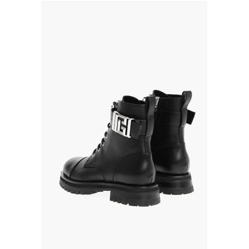 Balmain Leather Combat Booties with Ankle Strap and Logoed Buckle