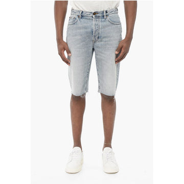 Saint Laurent Light Wash Denim Shorts with Fringed Bottom