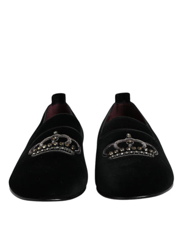 Dolce & Gabbana Black Velvet Crystal Crown Loafers Dress Shoes