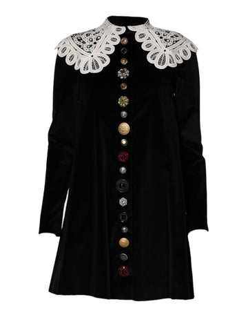 Dolce & Gabbana Black Velvet Lace Collared Embellished Dress