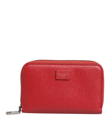 Dolce & Gabbana Red Leather Zip Around Logo Plaque Men Coin Purse Wallet